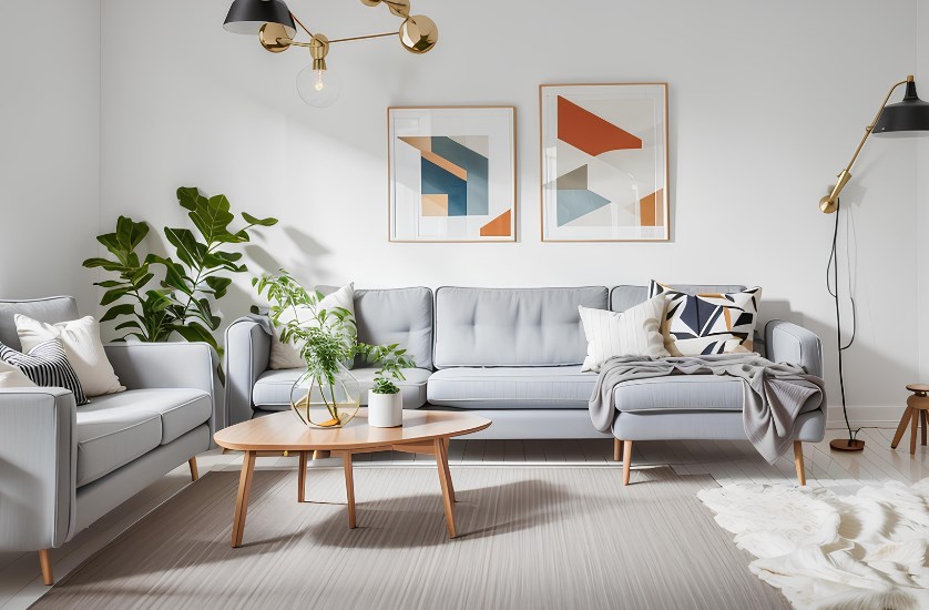 IKEA roomset with a grey mid-century sofa and kidney shaped coffee table
